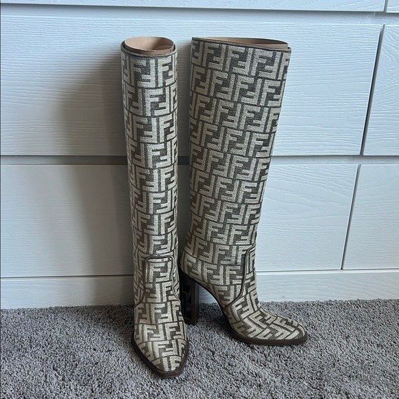 Fendi Shoes - Fendi Logo-Jacquard Chenille Knee Boots